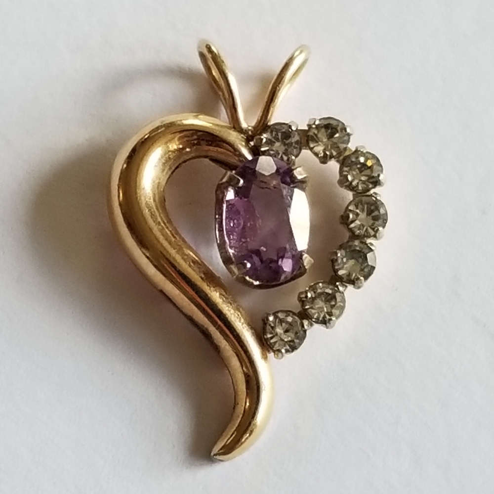 Vintage heart pendant purple gem gold tone charm love valentines day dainty